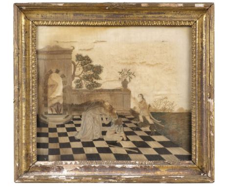 * Embroidered picture. The Prodigal Son, late 17th/early 18th century, hand-worked in silk threads in earthy hues on a cream 