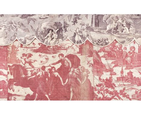 * Toile de Jouy. A pair of pelmets, Rouen, France, circa 1820, 2 scalloped pelmets composed of Les Martyrs, printed in purple