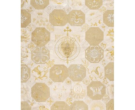 * Patchwork. A finely embroidered patchwork panel, Lincoln, 1895, a large linen panel composed of hexagons in alternating col