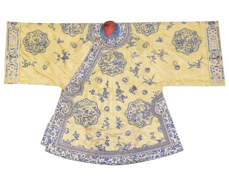 * Chinese. A finely embroidered yellow silk robe, late 19th/early 20th century, large robe of yellow silk damask (front darke