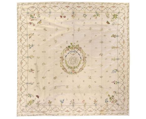 * Bedcover. An embroidered marriage bedcover belonging to Elisabeth Clara Morier, circa 1768-1778, cream silk bedcover, very 