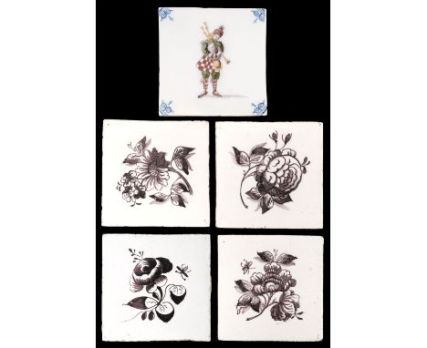 * Delft Tiles. Four 18th century Dutch delft pottery tiles, each individually decorated with manganese flowers, 13 x 13 cm, t