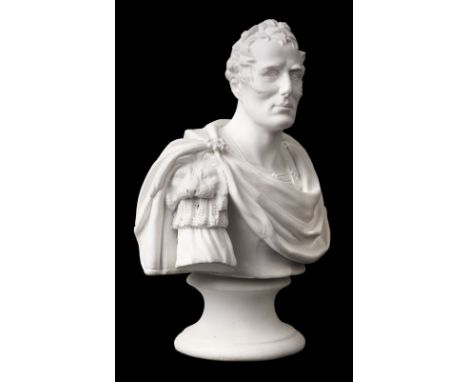 * Duke of Wellington. A 19th century biscuit porcelain half bust of the Duke of Wellington circa 1830, modelled with head fac