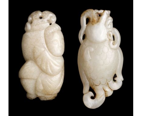 * Jade. A Chinese jade zoological carving, carved as a fish with a beast head, 9 cm long, together with flat jade carving of 