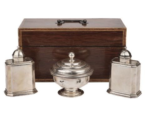 * Silver Tea Caddy Set. A composed 18th century silver tea caddy set, comprising two canisters, one with hallmarks for James 