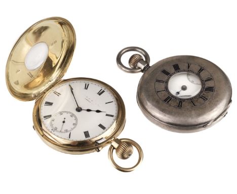 * Pocket Watch. An 18ct gold half hunter pocket watch by Barber &amp; Smith, 36 Cornhill, London, blue enamel roman numerals 