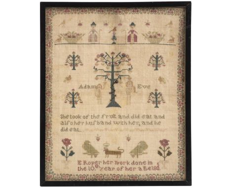 * Sampler. A needlework picture of Adam and Eve, by E. Roper, 1805, hand-worked in cross-stitch in coloured silks (predominan