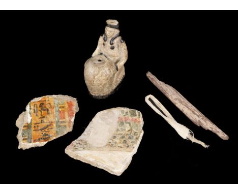 * Ancient Egypt. An old tobacco box containing pieces of an ancient Egyptian mummy case, including one polychrome painted pie