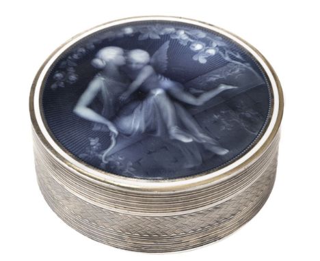 * Silver Box. An Edwardian continental silver and enamel box circa 1910, the engine-turned circular box with blue and white e