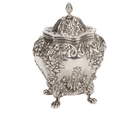 * Tea Caddy. An Edwardian silver tea caddy by George Nathan and Ridley Hayes, Chester 1902, of bombe form embossed with flowe