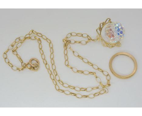 A 9ct gold wedding ring, size N, and a 9ct belcher chain with a glitterball pendant, weight all together 15gms Condition Repo