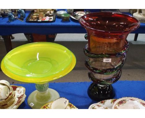 A large Murano glass vase, together with a yellow glass bowl on stand and a lime green dish Condition Report:Available upon r