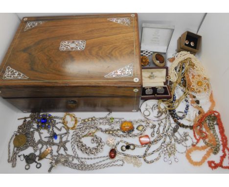 A mother of pearl inlaid box with silver and&nbsp; costume jewellery to include, a good collection of statement silver chains