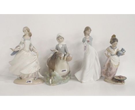 Three Lladro figures including&nbsp;Making Paella no 5254, Cinderella, a girl and a goat together with a Nao figure of a girl