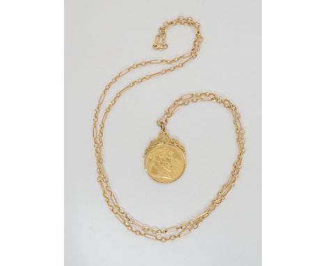 A 1912 full gold sovereign in a 9ct pendant mount, with a long 9ct gold Italian made fancy chain, length of chain 70cm, weigh