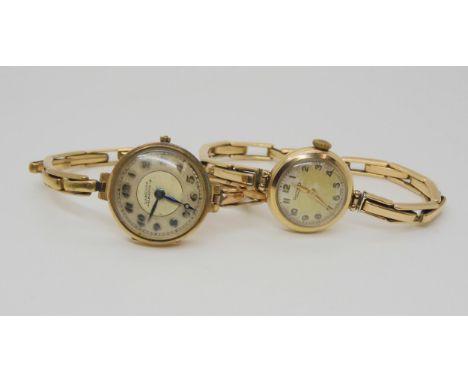 A 9ct gold ladies vintage watch weight 14.4gms, inc. mechanism together with a 9ct gold ladies Rotary with a rolled gold stra