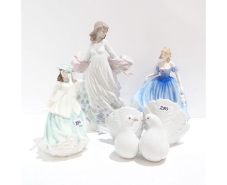 A Lladro model of a girl, a pair of doves and two Doulton figures Condition Report:Available upon request