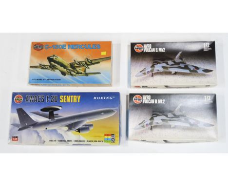 Four 1:72 scale model aircraft by Airfix: two Avro Vulcan B.Mk2 bombers, a C-130E Hercules and an AWACS E-3D Sentry&nbsp; Con