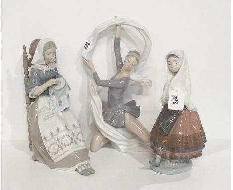 A large Lladro figure Embroiderer, no 4865, a figure of girl in traditional Spanish dress and a large Nao figure of a dancer 