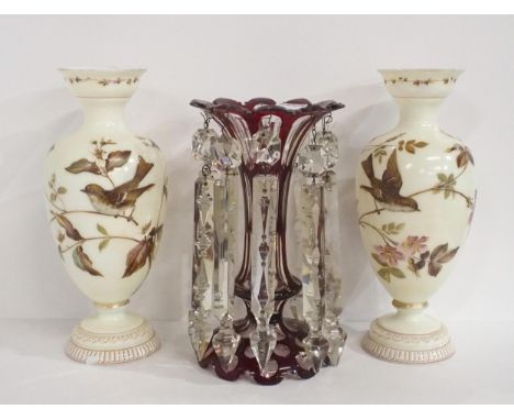 A Victorian bohemian ruby flashed glass lustre, together with a pair of glass vases painted in enamels with birds on branches