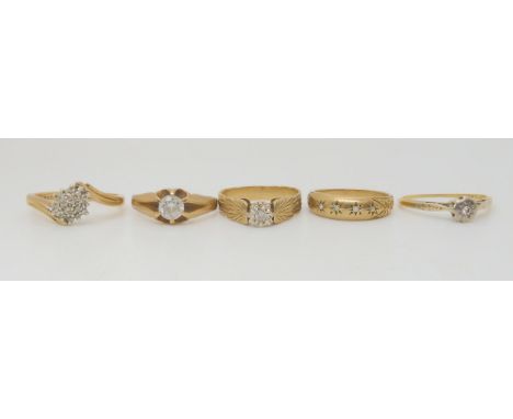 An 18ct gold illusion set diamond ring, weight 1.6gms and three 9ct diamond set rings with a further 9ct clear gem ring weigh