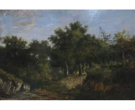 SIGNED P NASMYTH Cottage in a wooded landscape, signed, oil on mahogany panel, 27 x 40cm Bears labels Thomas Agnew &amp; Sons