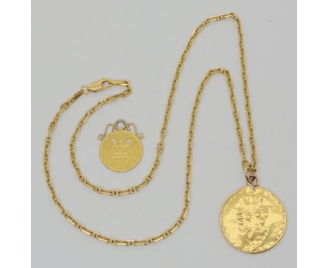 An 18ct gold diamond cut marine style chain, together with a very worn Georgian coin, and a further George III, Third of a Gu