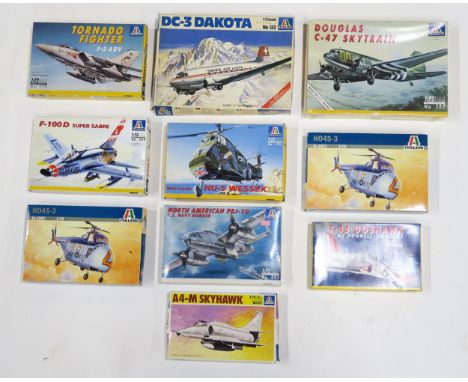 Ten various 1:72 scale model aircraft kits by Italeri, to include a Douglas C-47 Skytrain, Tornado Fighter F-3 ADV, A4-M Skyh