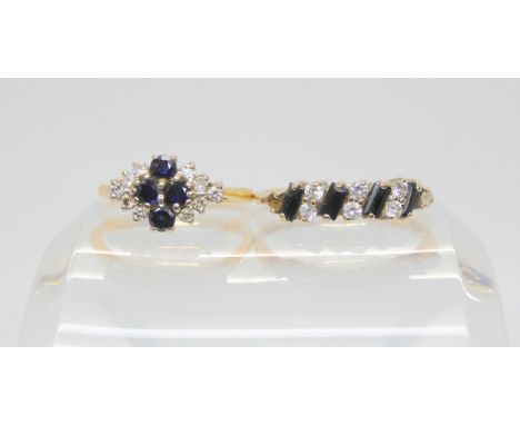 An 18ct gold sapphire and diamond cluster ring size J1/2, weight 2.9gms, together with a 9ct gold sapphire and clear gem set 