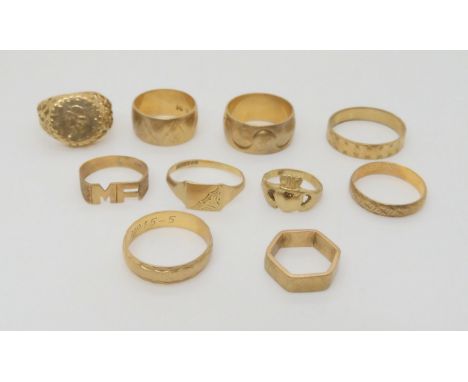 Six 9ct gold wedding rings, a Claddagh ring and three other 9ct rings (10) weight together 27.7gms Condition Report:Available