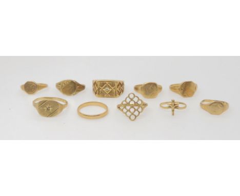 Seven 9ct gold signet rings, a wedding ring and two further rings, weight together 25.8gms Condition Report:Available upon re