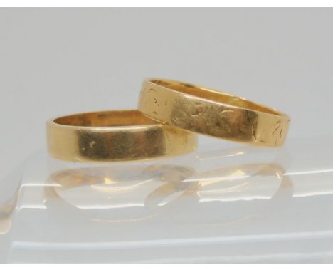 A 9ct wedding ring, size O1/2, weight 3gms, together with a bright yellow metal wedding ring, size R, weight 2.4gms Condition