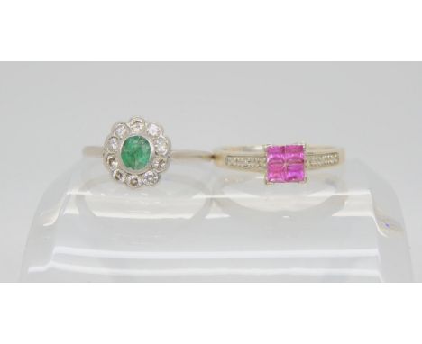 A 9ct white gold pink gem and diamond accent ring, size L1/2, weight 1.9gms, together with a platinum diamond and emerald clu