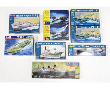 Nine various model ship/boat kits by Revell, to include a 1:700 scale H.M.S. Ark Royal, 1:400 scale Oil Tanker "Glasgow", two