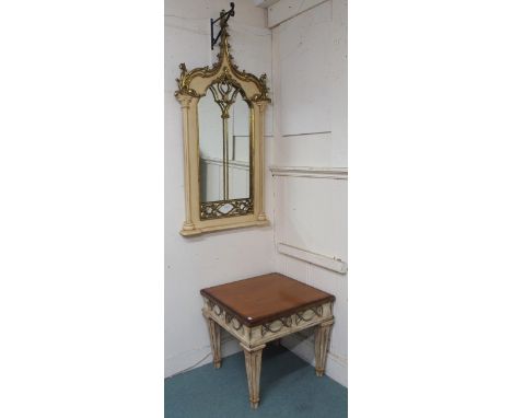 A 20th century cream and gilt framed hall mirror, similar lamp table with cream and gilt base and a modern folding base tray 