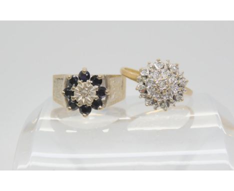 A 9ct white gold sapphire and diamond flower cluster ring, size L1/2, together with a 9ct yellow and white diamond accent clu