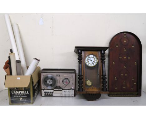 A mixed lot to include Bagatelle board, Vienna style wall clock, Philips reel to reel and a box of assorted posters (4) Condi