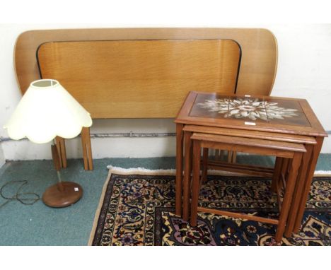 A mid 20th century Danish teak tile inset nest of three tables, mid 20th century table lamp and two assorted bentwood laminat