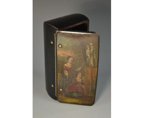 A 19th century Russian lacquer snuff box, hinged cover decorated with young ladies in a stately garden, cyrillic stamp to ver