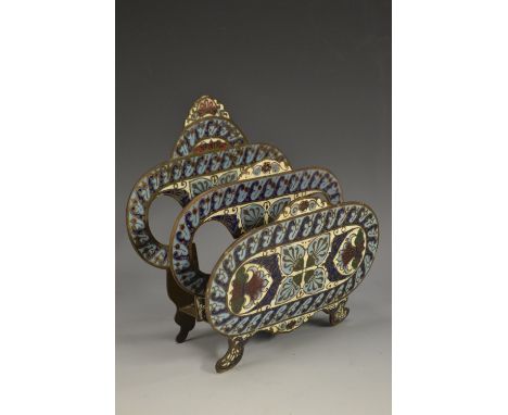 A French champleve enamel letter rack, brightly decorated with scrolls and anthemions, 14.5cm wide, c.1900