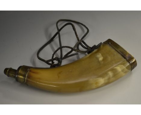 A 19th century cattle horn shot flask, brass spout and fittings, 20cm wide, c.1850 