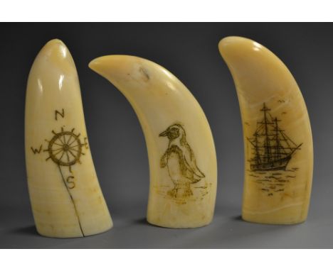 A sailor's scrimshaw whale tooth, carved and decorated with a sailor brandishing a harpoon, the verso with ship, 7cm long; ot