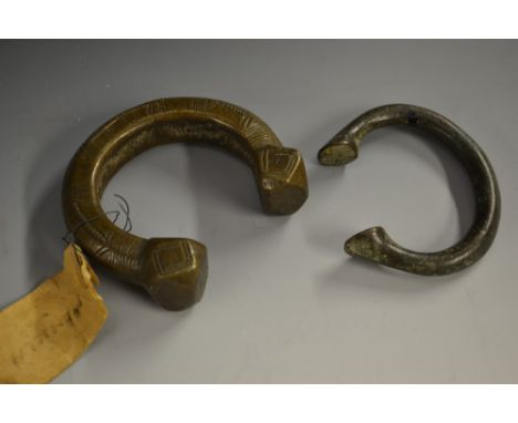 An African Okpoho-type verdigris patinated bronze manilla or slave bangle/money, of typical form, 8cm wide, South-Eastern Nig