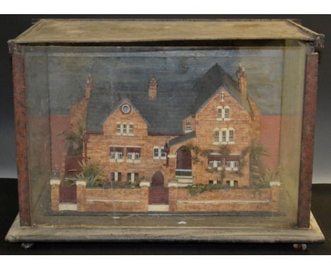 A late Victorian cork architectural diorama, the model as a substantial suburban villa, set in walled grounds, glazed case, 3