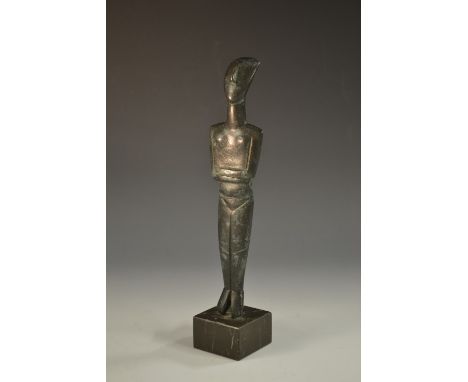 After the Antique, a verdigris patinated bronze, Cycladic figure, 22cm high, square marble base