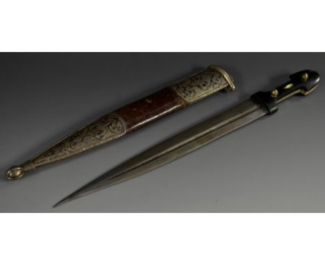 A 19th century Turkish silver coloured metal and niello mounted qama dagger or short sword, 29.5cm straight pointed double-ed