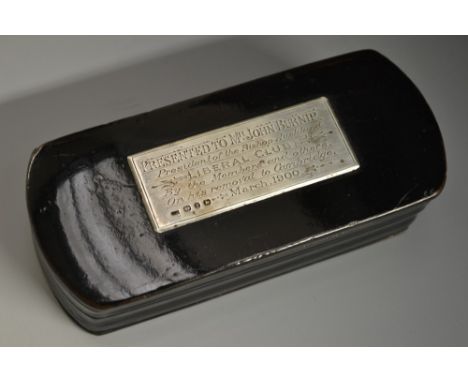 A Victorian silver mounted papier mache snuff box, hinged cover with plaque inscribed Presented to Mr John Burnip President o