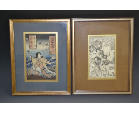 Kunisada (Japanese Meiji period), a woodblock print, 14.5cm x 8.5cm; another, Toyokuni, 16.5cm x 10.5cm (2)
