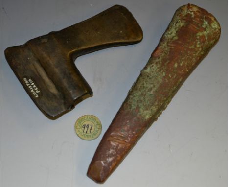 Antiquities - an Ancient Luristan patinated bronze axe or hatchet head, 10cm wide, museum inscription Luristan, Persia, Lores