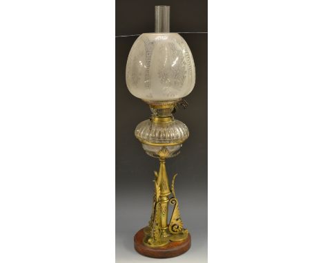 A Victorian Aesthetic movement brass oil lamp, Hicks No.2 Duplex,  frosted globular shade, clear glass reservoir, the brass s